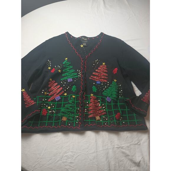Not so ugly Christmas Sweater Tree Snowman Knit Black Women Cardigan Size XL - Picture 1 of 7